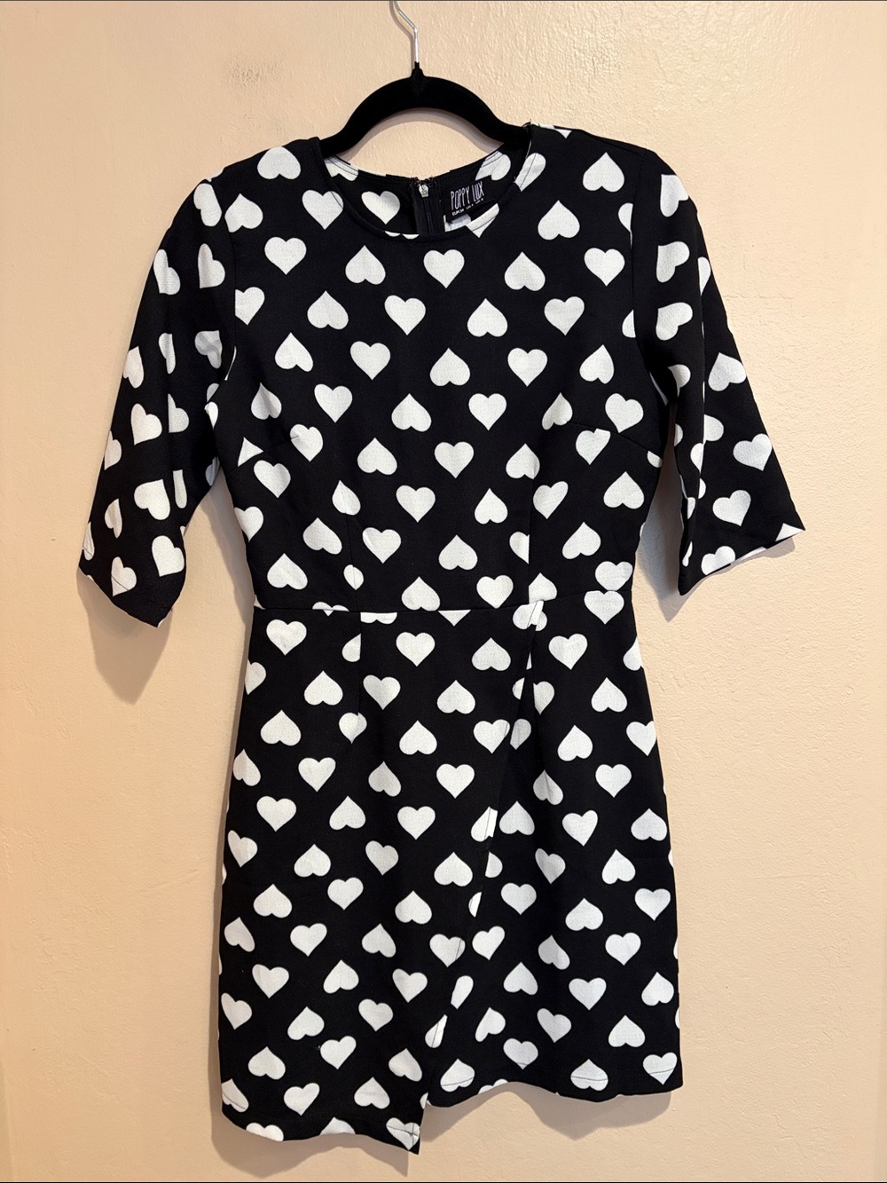 Retro Black Mini Dress w/ White Hearts, 3/4 Sleeves, Asymmetrical Hem, Size 4